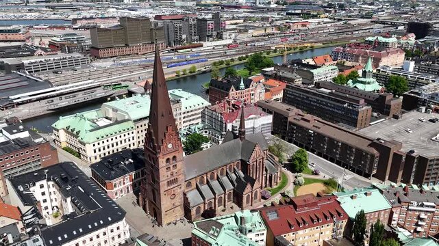 Aerial view of St Peters Church (Sankt Petri Kyrka) in Malmo, Sweden