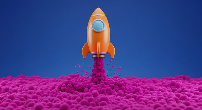 Orange space rocket launching from pink soft cloud base with innovation blastoff exploration technology abstract creative business