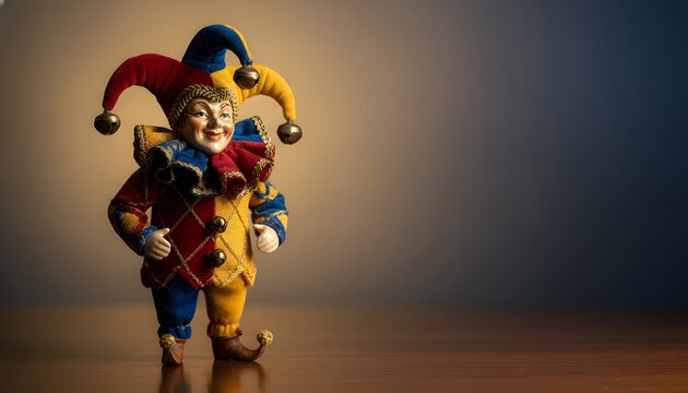 Antique porcelain jester wearing colorful bell hat standing on a wooden table, symbolizing comedy, entertainment, and the trickster archetype concept with cinematic lighting