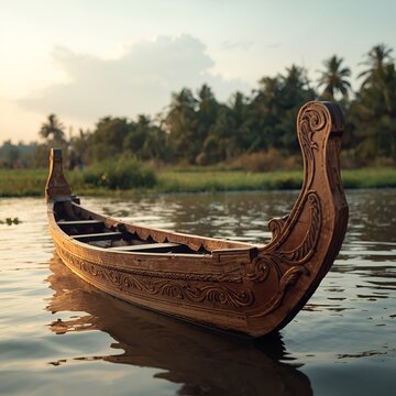 Empty traditional fishing boot on peaceful backwaters,
Rivar water karela of from Bangladesh village, screen with coconut trees
Artisan carved wooden boat,authentic rural lifestyle in South Asia 