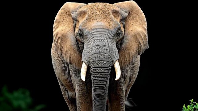 A magnificent, imposing elephant stares directly at the viewer. Large ears flank the detailed head, and ivory tusks are visible