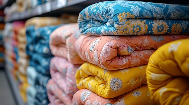 Colorful Floral Bedding Quilt Stack in Store.