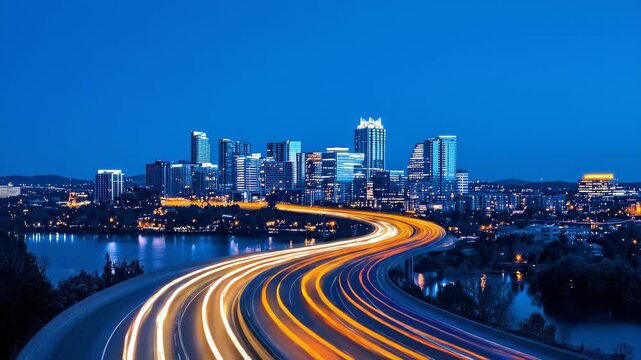 A scenic urban cityscape at dusk with dynamic trails of vehicle lights on a highway. The glowing lights lead to a skyline