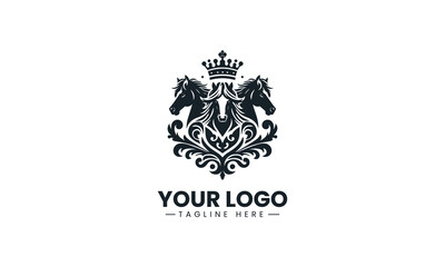 Obraz premium Three majestic horses within a royal ornamental crest in minimalist black vector logo design