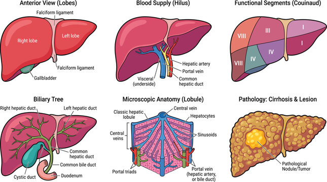 Liver anatomy vector illustration set, human hepatic system lobes segments and pathology diagrams