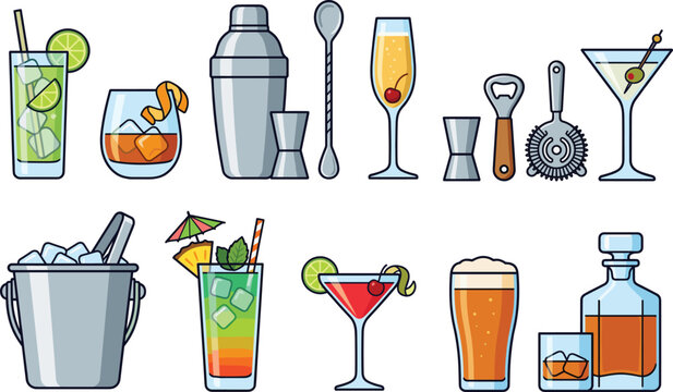 Bar cocktail drinks and professional bartending tools set vector illustration, shaker, glassware, ice bucket, nightlife