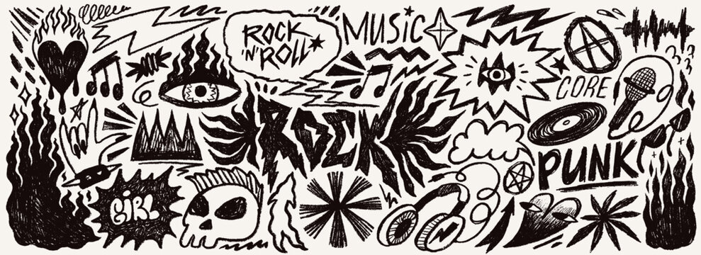 Rock music punk doodle set with fire, lightning, skull and grunge tattoo symbols in black crayon texture. Punk music and rock elements for stickers, album prints and posters
