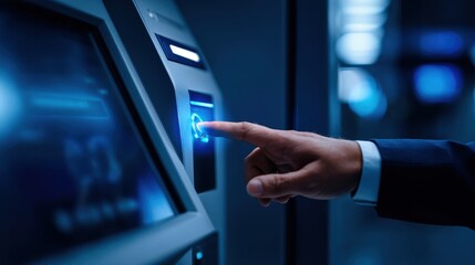 Fototapeta premium Businessman's finger scans glowing biometric security interface on a modern digital terminal