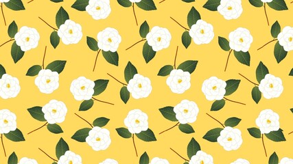 Fototapeta premium White Camellia Seamless Floral Pattern on Yellow Background