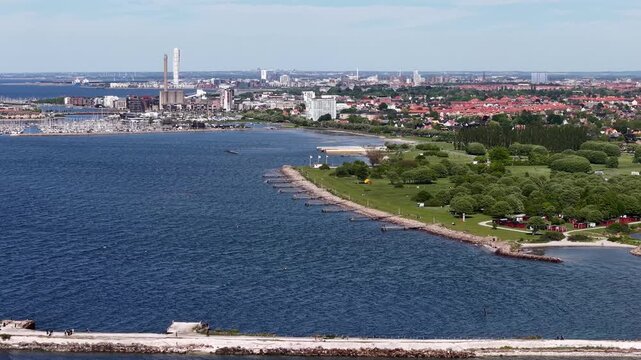Aerial view of Malmo skyline and Oresund Strait in Sweden