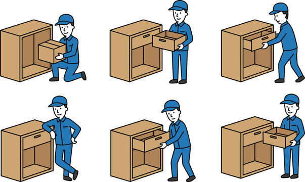 Delivery man assembling furniture and organizing boxes vector illustration set, loader worker character, isolated background