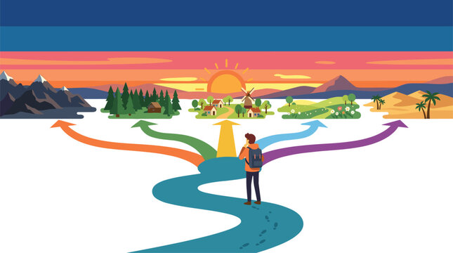 A traveler with a backpack stands at a fork in a river-like path facing five different landscapes under a warm and vibrant sunset sky view.