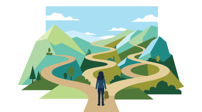A woman with a backpack stands before a winding path that splits into multiple directions through lush green mountains in a flat vector design.