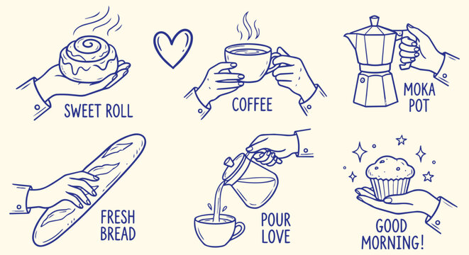 Hand drawn coffee breakfast and bakery doodle collection featuring sweet roll fresh bread moka pot and morning beverage elements for cafe menu branding and food design projects