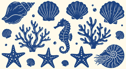 Marine silhouette collection with seahorse coral shells starfish and ocean life elements ideal for underwater wildlife themes coastal decorations and nautical designs © jonty