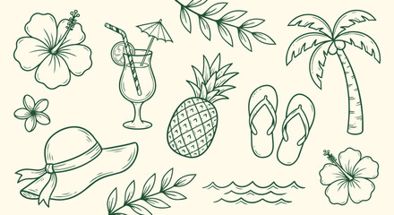 Summer tropical vacation doodle illustration featuring cocktail pineapple palm tree beach hat flip flops flowers and ocean waves ideal for tourism branding and holiday themes © jonty