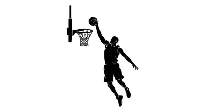 Black silhouette of basketball player dunking ball into hoop