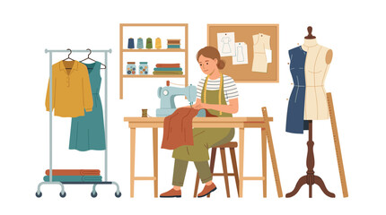 Fototapeta premium An industrious seamstress in a striped shirt and green apron sews fabric at a machine with a dress form standing in the workspace.