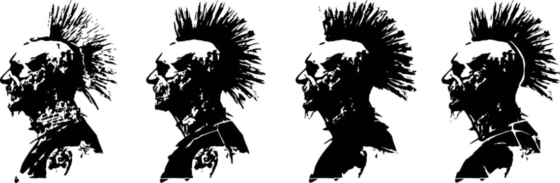 four black silhouettes of punk rocker with mohawk hairstyle against white background