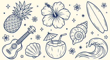 Hand drawn tropical summer beach doodle collection featuring pineapple hibiscus flower surfboard coconut ukulele seashell ocean wave vacation travel island holiday elements for tourism design © jonty
