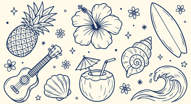 Hand drawn tropical summer beach doodle collection featuring pineapple hibiscus flower surfboard coconut ukulele seashell ocean wave vacation travel island holiday elements for tourism design
