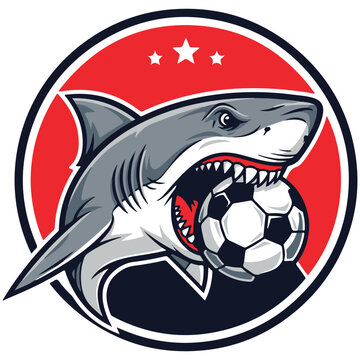 Shark mascot vector illustration biting a soccer ball inside a circular emblem with stars for sports team branding and athletic identity
