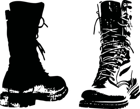 Silhouette and detailed combat boots isolated on white background, military footwear pair