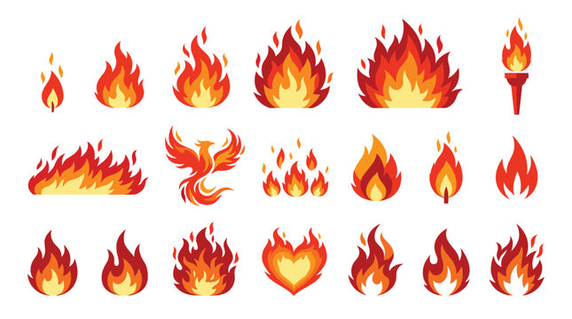 A collection of simple, stylized orange and red flame icons in various shapes and sizes on a clean white background.
