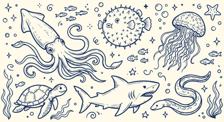 Ocean Wildlife Doodle Set Featuring Shark Turtle Squid Jellyfish and Fish © jonty