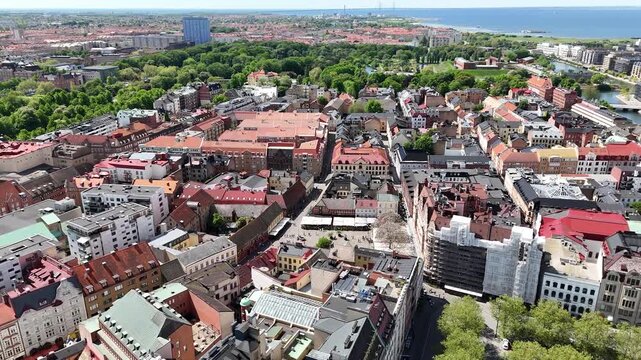 Drone shot of Malmo skyline, Sweden