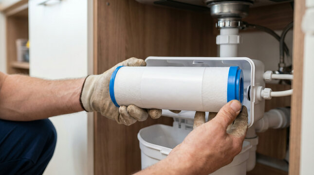 Plumber installing water filter cartridge under kitchen sink