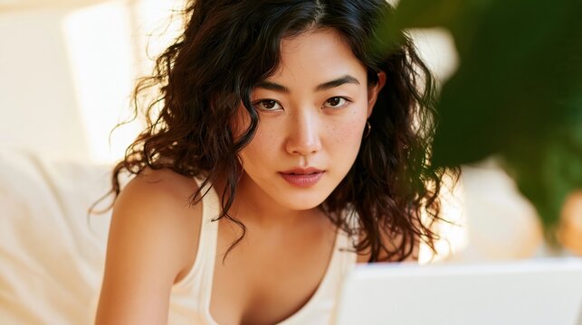 Focused on Opportunity: A young Asian woman with curly dark hair, wearing a white tank top, gazes intently at a laptop screen.