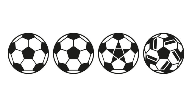 Four distinct soccer ball designs featuring classic hexagonal patterns and unique star motifs are arranged horizontally on a clean white background set.
