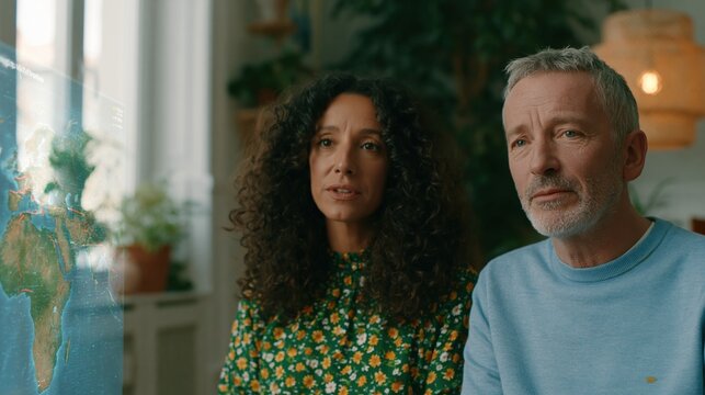 Global Connection: A couple contemplates a glowing world map, their faces illuminated by its light, hinting at future travels or a shared dream of exploration.