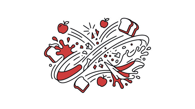 Abstract illustration of food items colliding with dynamic motion lines and splashes.