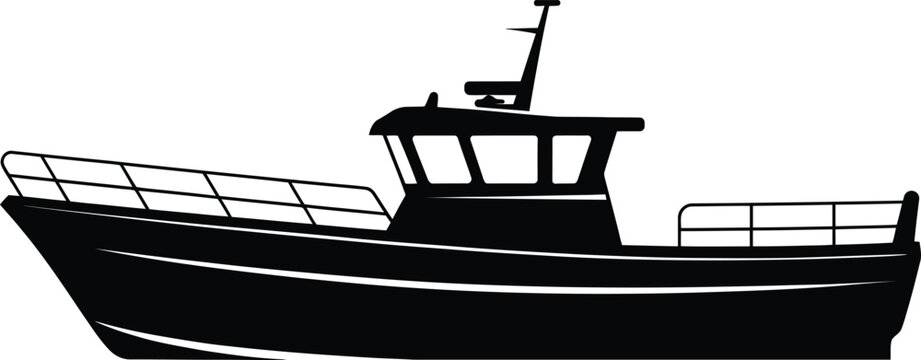 Black silhouette of fishing boat with cabin, railings and mast on water.