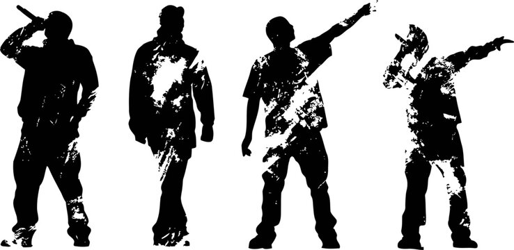 Silhouettes of four male rappers performing, posing with microphones and expressive gestures