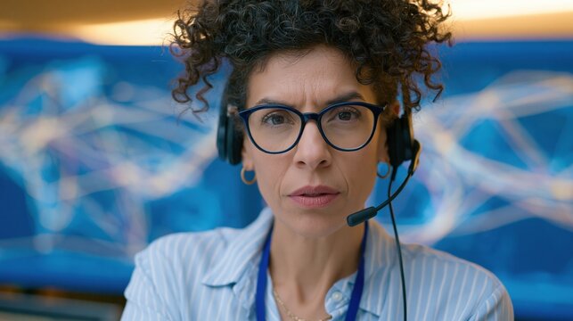 Focused Customer Service: A professional woman with glasses and a headset intensely focuses on her task, embodying dedication in a support role.