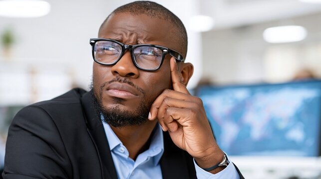 Pensive Businessman in Thought: A sharp, focused businessman with glasses ponders a complex problem, his finger to his temple in deep concentration.