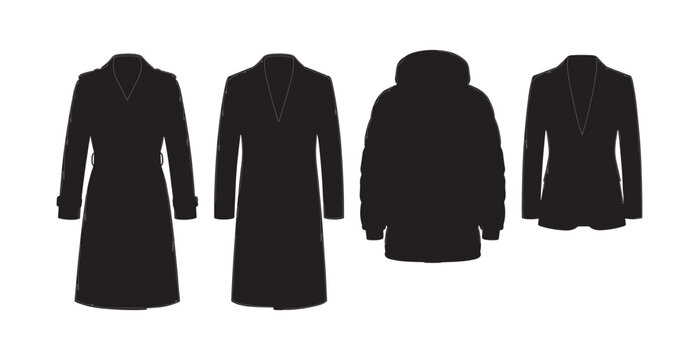 Winter Coats and Jackets Silhouette - Trench Coat, Overcoat, Puffer Jacket, and Suit Blazer Outerwear Vector Set