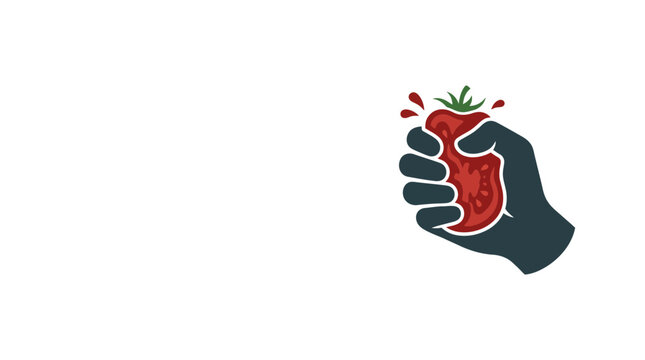 A dark silhouette of a hand firmly squeezing a ripe red tomato.