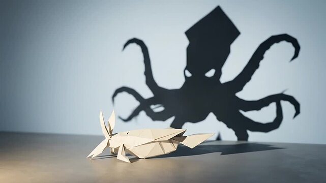 Paper origami boat casting a shadow of an octopus creating an intriguing visual illusion