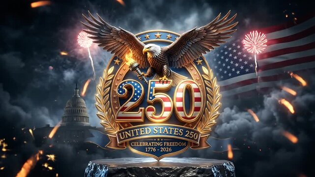 Celebration of 250 Years of Freedom with Fireworks and Patriotic Symbols in the Night Sky