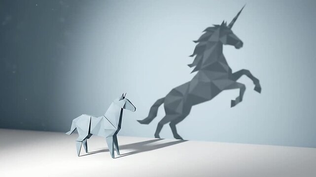 Origami unicorn shadow projection animation showcasing mythical creature in minimalistic style
