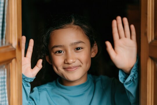 A Cheerful Wave Goodbye: A young girl with bright eyes and a warm smile waves from behind a wooden frame, her hands raised in a friendly gesture of farewell or hello.
