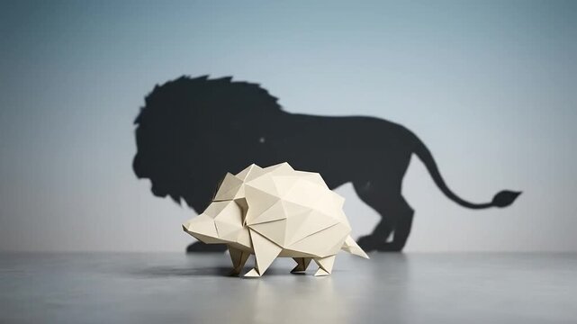 Playful shadow and paper animal art depicting a miniature hedgehog and a powerful lion silhouette
