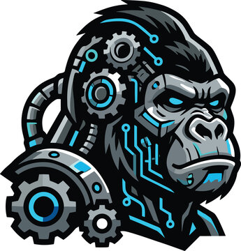 Cybernetic gorilla with glowing blue eyes and intricate mechanical details, symbolizing advanced technology and power