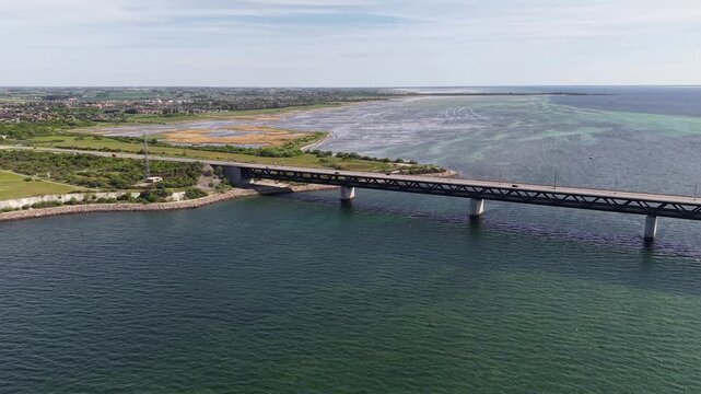 Aerial view of Oresund Bridge and Baltic Sea coastline, Sweden