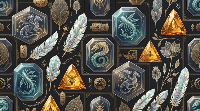seamless pattern with geometric fossils and feathers