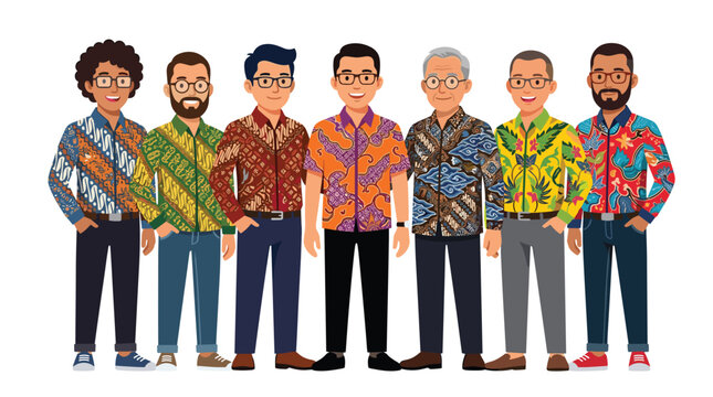 Seven men stand in a row wearing distinctively vibrant and patterned batik shirts that display intricate traditional textile art designs.